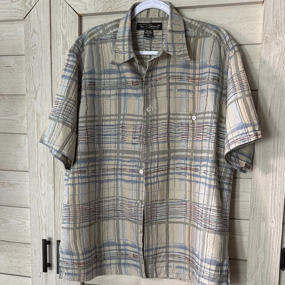 Men’s Tori Richard 100% silk button down shirt in casual loose earth tones plaid - Picture 2 of 6